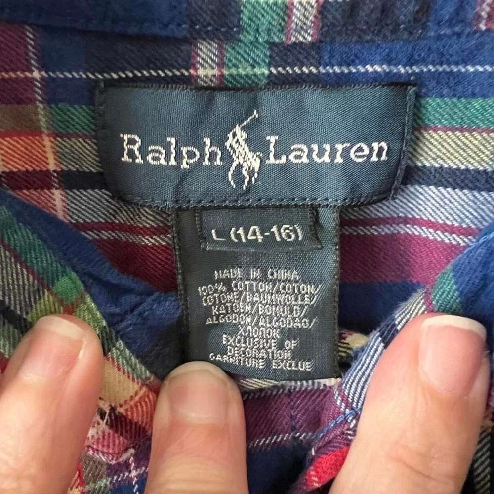 Ralph Lauren Plaid Cotton Button Up Short Boys Size Large 14/16 Preppy Academia